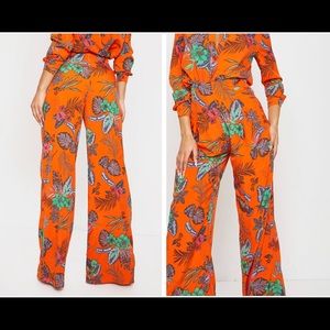 Orange Floral Print Wide Leg Pant